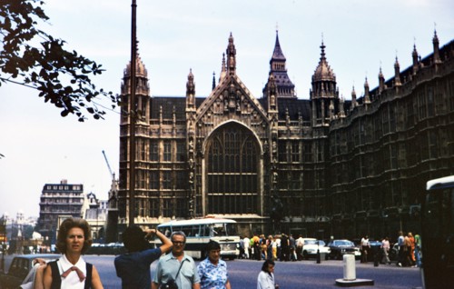 Pedestrians outside the Parliament Building in London circa 1973.