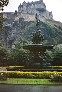 West Princes Street Gardens, Ross Fountain in the foreground and Edinburgh Castle in background circa August 1973.