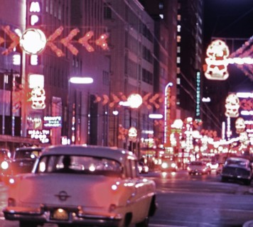 Dallas Texas night time street scene in 1956.
