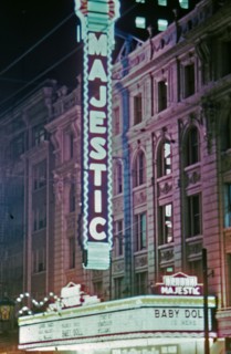 Majestic Theater marquee at night in Dallas, Texas in 1956.