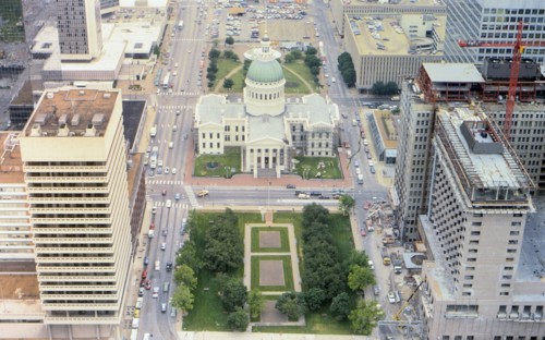 View of downtown St. Louis from the Gateway Arch circa 1985.
