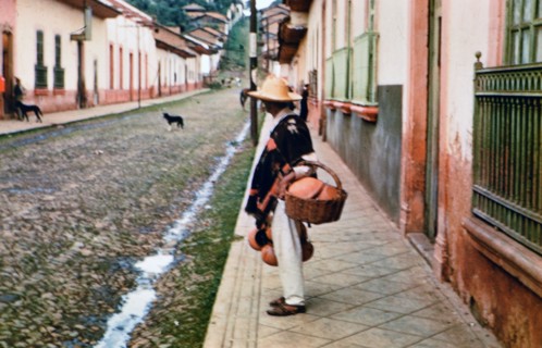 Mexican man in a small city in Mexico looking down a street at dogs circa 1950-1955 .