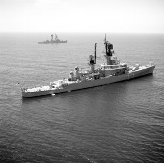 1976 - An aerial starboard quarter view of the guided missile cruiser USS HALSEY