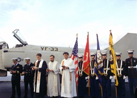 Memorial service on the flight deck of the aircraft carrier USS INDEPENDENCE
