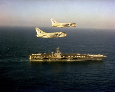 1979 - An aerial starboard view of the nuclear-powered aircraft carrier USS NIMITZ