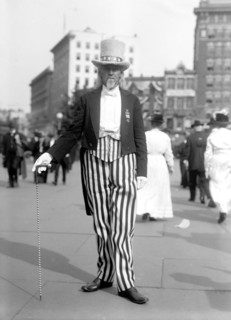 Man dressed as Uncle Sam at a parade in 1916.