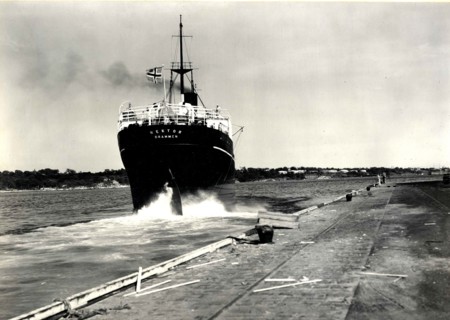 the SS Hektor from Norway leaving the Providence Municipal wharf in Rhode Island. 1937.