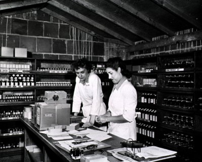 Interior view of an unspecified Army pharmacy 1940s.