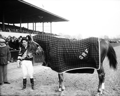 Jockey and race horse at race track