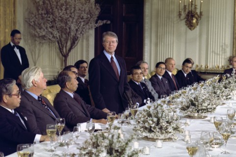 Jimmy Carter hosts a working dinner for the Prime Minister of Japan Takeo Fukuda.