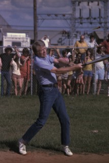 Jimmy Carter at bat during a softball game in Plains GA
