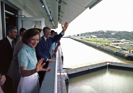 Jimmy Carter and Rosalynn Carter visit one of the locks along the Panama Canal.