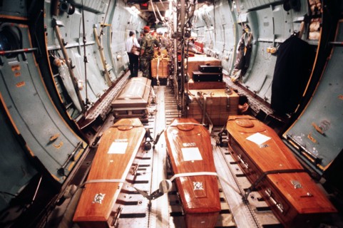 Caskets of the bodies of Rep. Leo J. Ryan and members of his party