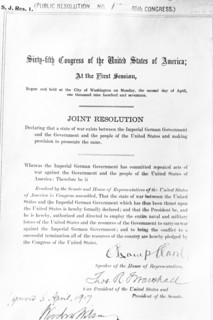 Woodrow Wilson War Resolution ca. 1917