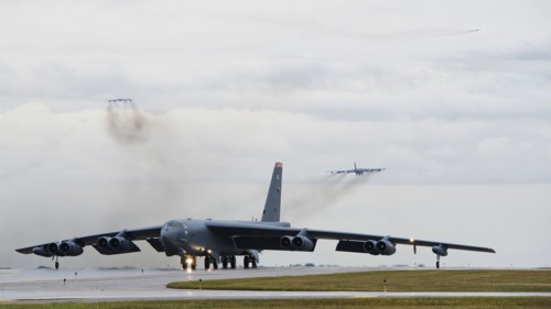 A B-52H Stratofortress taxis down the runway