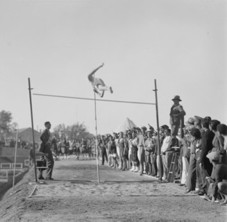 Y.M.C.A. athletic events in Jerusalem, man participating in a pole vault event ca. between 1933 and 1946