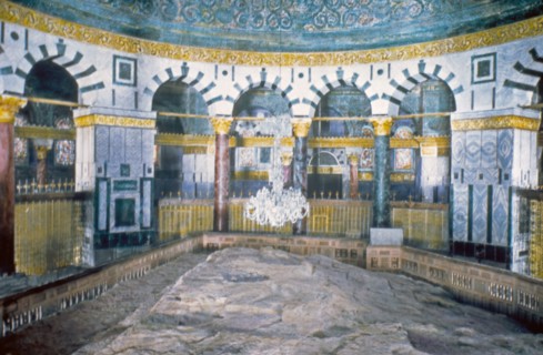 Dome of the Rock Moriah in Jerusalem. Interior. The Rock inside the church ca. between 1950 and 1977