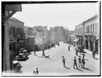 Demolition at Jaffa Gate in Jerusalem to clear city wall and typical street scene  July 1944