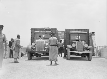 Trucks traveling over the new Allenby Bridge over the Jordan River ca. between 1934 and 1939