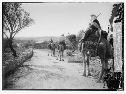 Three camel men approaching Bethlehem seen in distance ca. between 1898 and 1946