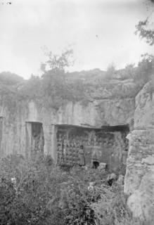 Man standing outside of Joshua's Tomb at Tibna (Kihrbet Tibna, Timnah) ca. 1900