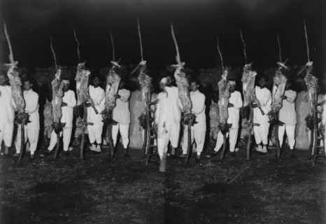 The Samaritan Passover on Mt. Gerizim, Samaritan men with prepared carcasses ready for the oven. ca. 1900