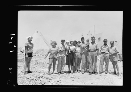 Maalek Hachamisha (Maale Hachamisha) Kibbutz (2 kilometers W. of Anavim). Group photo of colonials or immigrants ca. 1939