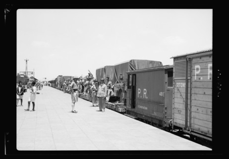 Troops at a train station in Lydda, Israel on July 15, 1938