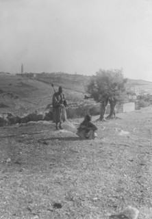 As seen from the northwest, the Mount of Olives and Bethany, a man talking ca. 1900