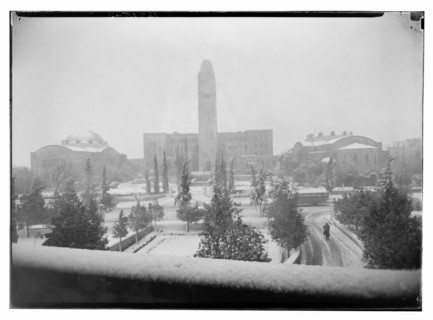The Y bldg (YMCA) and the King David Hotel on a snowy day in Jerusalem taken Jan. 30, 1943