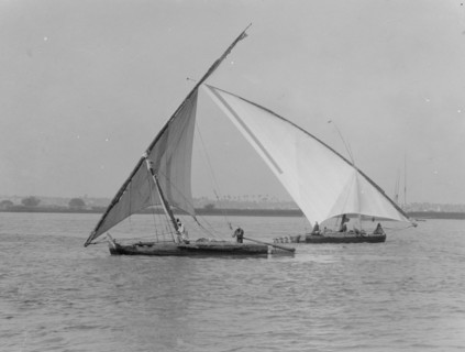Sailed Falukas boats on the Nile, near Cairo Egypt, typical triangular sails ca. 1934