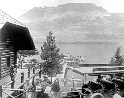 Park rangers and visitors to Glacier National Park ca. early 20th century
