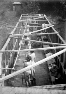 National Guard troops showering in the bath house, view from above; Gettysburg, PA ca.  1910