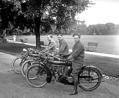 Motorcycle team, three men on motorcycles ca.  between 1910 and 1926