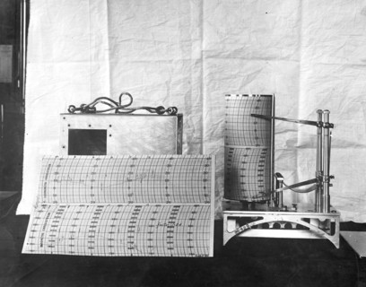 Close up of a U.S. Weather Bureau meteorograph obtains records of wind velocity, temperature, humidity, pressure ca. between 1910 and 1925