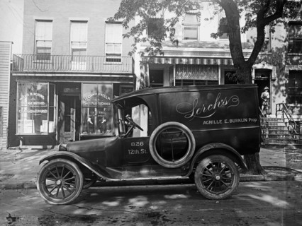 Automobile (delivery truck) with ad for Lerch's, Achille E. Burklin Prop. ca.  between 1910 and 1920
