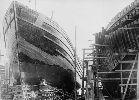 Wooden ship on ways ca. between 1909 and 1920