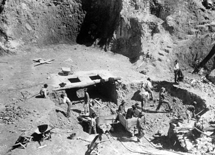 Workers at a Bauxite mine in Missouri, Bauxite is used in making aluminum ca. between 1909 and 1920