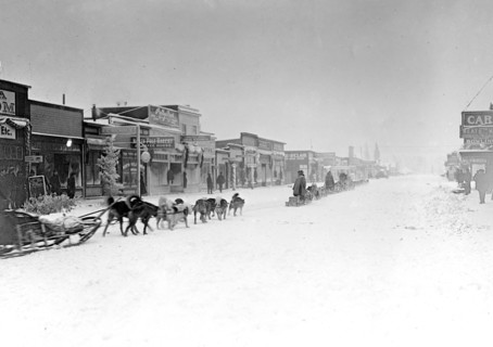 Dog team leaving Anchorage, Alaska; these teams carried $265,000 in gold  ca. between 1909 and 1920