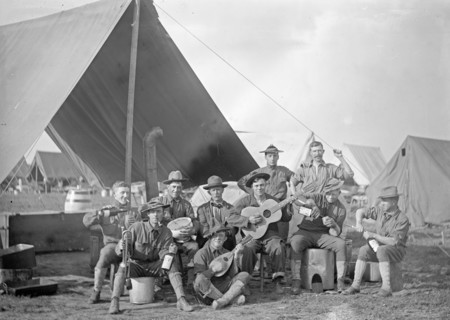 U.S. Army group of soldiers in front of tent ca. between 1909 and 1940