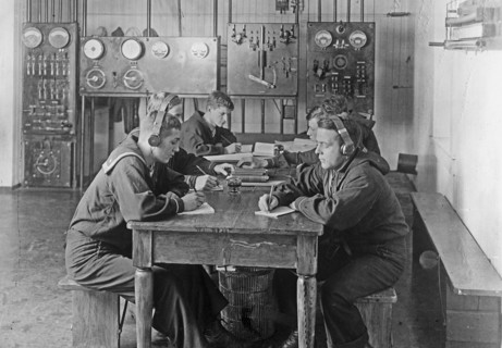Naval training station, [Newport, R.I.], learning how to use a wireless telegraph ca. between 1909 and 1940