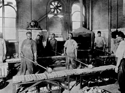 Men pouring melted metal into molds in the Government Printing Office, Washington, D.C. ca. [between 1909 and 1932]