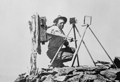 Signal station in the Rockies, showing telephone installation and signal man using heliograph ca. 1909