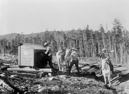 Forest officers traveling by horse leaving tool box for firefighting, Arapaho National Forest ca. 1909