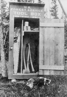 Routt National Forest, Colorado. U.S. Forest Service shed showing tools and canned food inside ca. 1909
