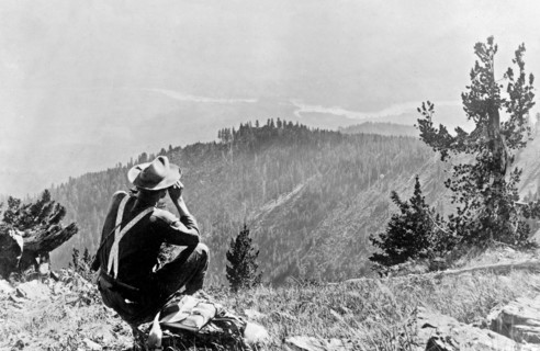 Cabinet National Forest, Montana. Man looking out over Clarks Fork Valley into Bitterroot Range from Mt. Silcox Lookout ca. 1909