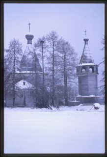 Log Church of the Epiphany (1787), northeast view with belltower, Oshevensk, Russia 1999.