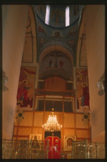 Cathedral of St. Sophia and Dormition (1681-86), interior, view east toward icon screen being repainted after devastation of Soviet era, Tobol'sk, Russia 1999.