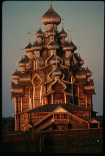 Church of the Transfiguration (1714), west view, sunset, Kizhi Island, Russia; 1991