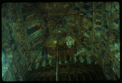 Church of the Epiphany (1684-93), interior, view east with upper part of icon screen and ceiling frescoes (1692-93), Yaroslavl', Russia; 1992